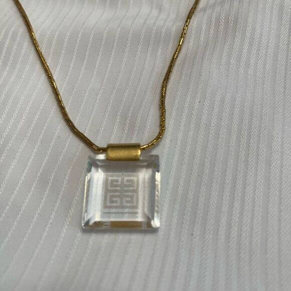 Givenchy Vintage Logo Necklace Glass Crystal Clear Gold Chain Signed - Picture 6 of 11